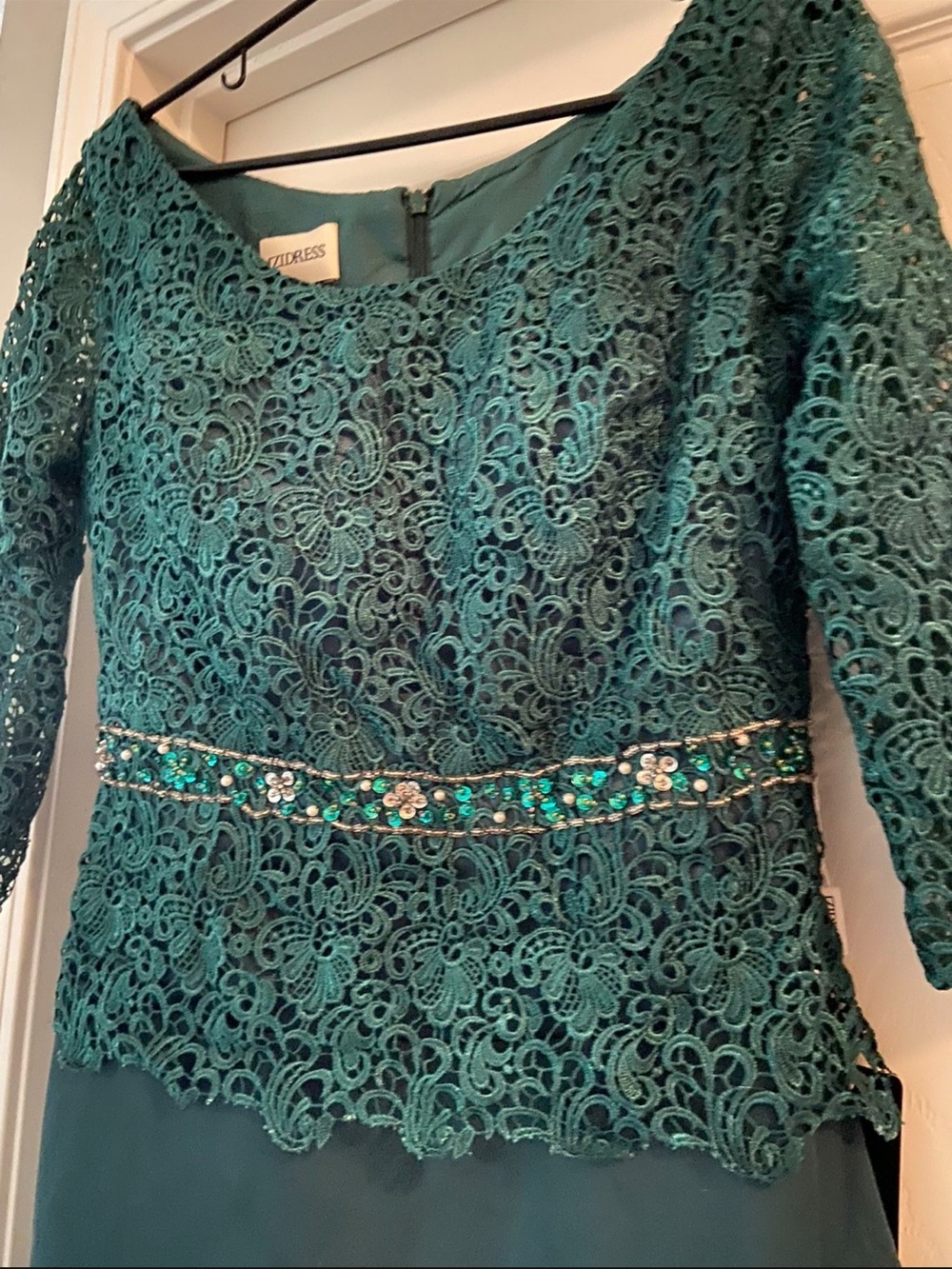 Embroidered Lace Teal Green Wedding Dress with Beaded Waist